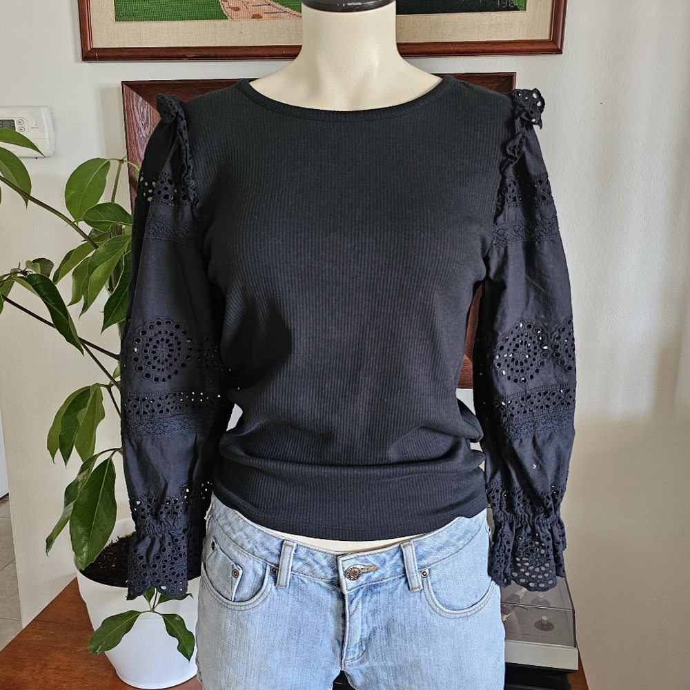 J. Crew Black Eyelet Balloon Sleeves Stretchy Boat Neck Office Blouse Size M